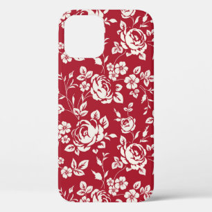 White flowers silhouette on red background. Seamle iPhone 12 Case