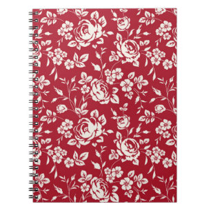 White flowers silhouette on red background. Seamle Notebook