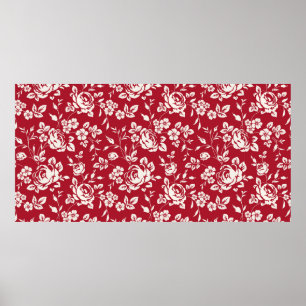 White flowers silhouette on red background. Seamle Poster