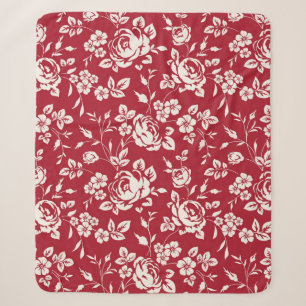 White flowers silhouette on red background. Seamle Sherpa Blanket