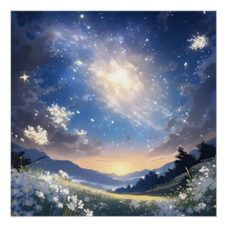White flowers surrounded by stars poster