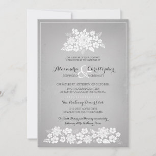 White Flowers Vintage Silver Background Wedding Invitation