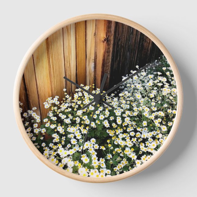 White flowers & weathered fence (wood border) clock (Front)