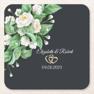 White Flowers Wedding Square Paper Coaster