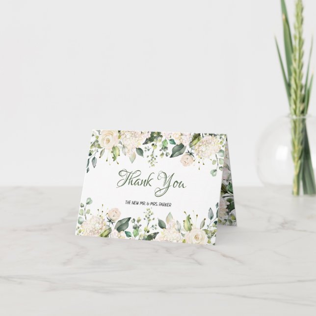 White Flowers Wedding Thank You Card (Front)