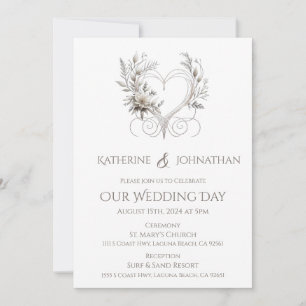 White Flowers with a Heart Wedding Invitation