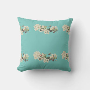 White Flowers with Bees Teal Cushion