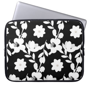 White Flowers with Pearls on Black Laptop Sleeve