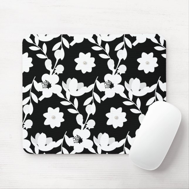 White Flowers with Pearls on Black Mouse Pad (With Mouse)
