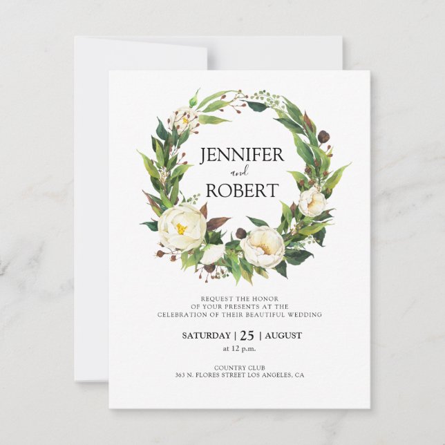 White flowers wreath wedding invitation (Front)