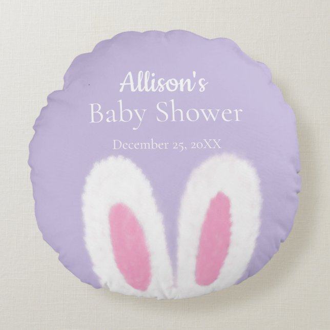 White Fluffy bunny baby shower  Round Cushion (Front)