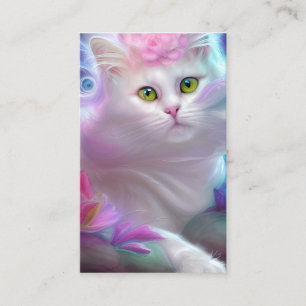 White Fluffy Cat on a Rainbow Business Card