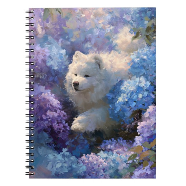 White Fluffy Dog in Hydrangea Garden Notebook (Front)