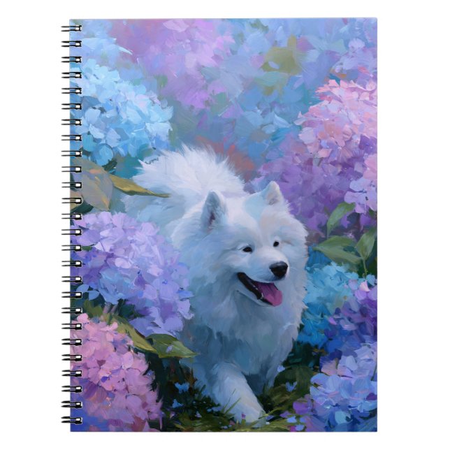 White Fluffy Dog in Hydrangeas Notebook (Front)