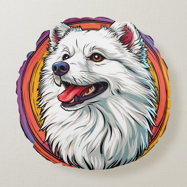 White Fluffy Dog in Vibrant Art Style Round Cushion (Front)