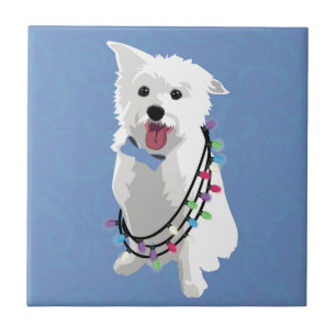 White Fluffy Dog - Peace Joy Love - Holiday Ceramic Tile