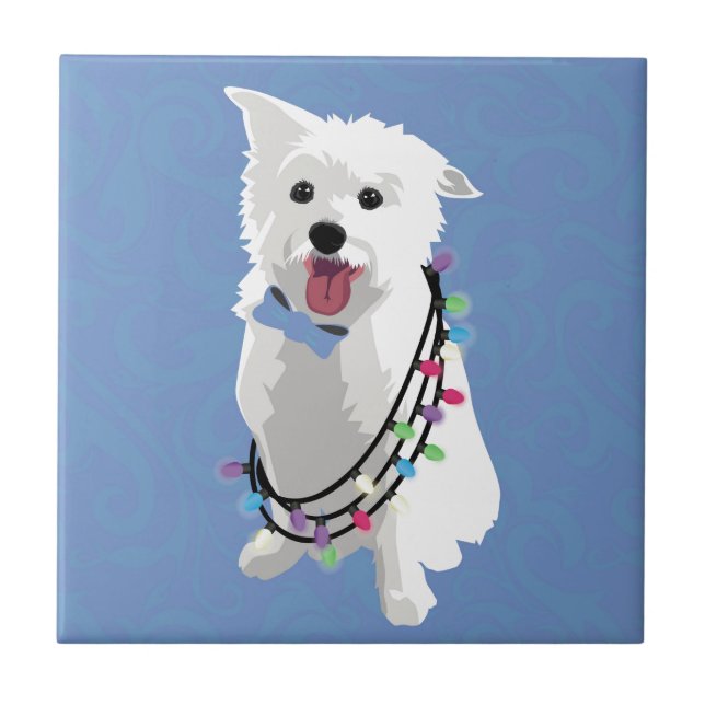 White Fluffy Dog - Peace Joy Love - Holiday Ceramic Tile (Front)