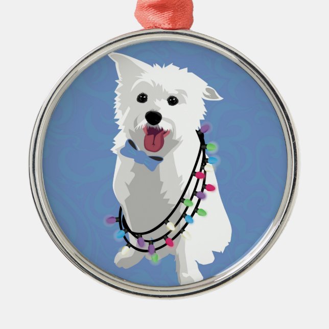 White Fluffy Dog - Peace Joy Love - Holiday Metal Tree Decoration (Front)