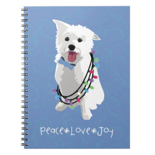 White Fluffy Dog - Peace Joy Love - Holiday Notebook