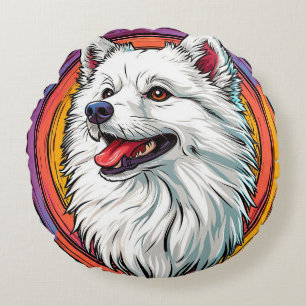 White Fluffy Dog Portrait 🐾  Artistic Style Round Cushion