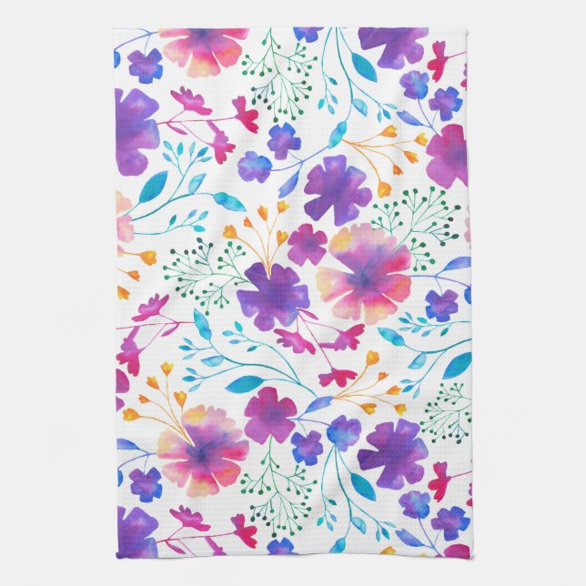 White Fluro Flowers Pattern Kitchen Tea Towel (Vertical)