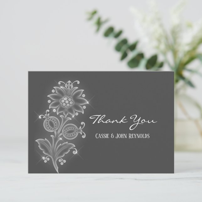 White Folk Art Flower on Grey Custom Wedding Thank You Card (Standing Front)