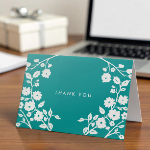 White Folk Flowers Teal Blue Thank You Custom Card