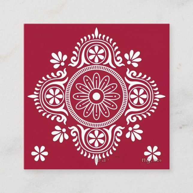 White Folk Motif on Red Background Square Business Card (Front)