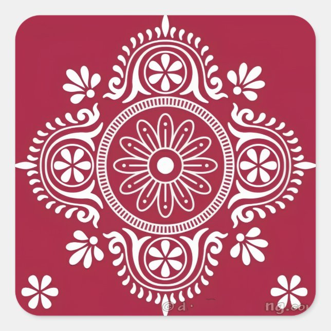 White Folk Motif on Red Background Square Sticker (Front)
