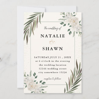 White Folwers And Greenery Wedding Invitation