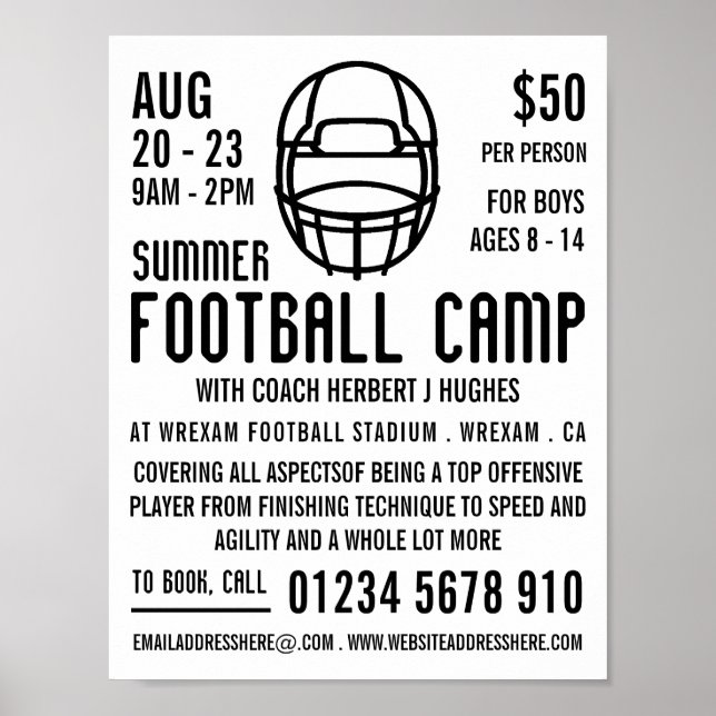 White Football Helmet, Football Camp Advertising Poster (Front)