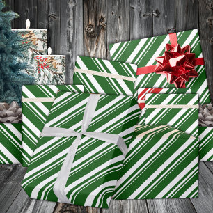 White Forest Green Candy Cane Stripe Holiday Wrapping Paper