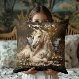 White Forest Unicorn Blue Butterfly Meadow Floral Cushion