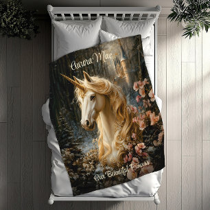White Forest Unicorn Fantasy Castle Fairytale Fleece Blanket