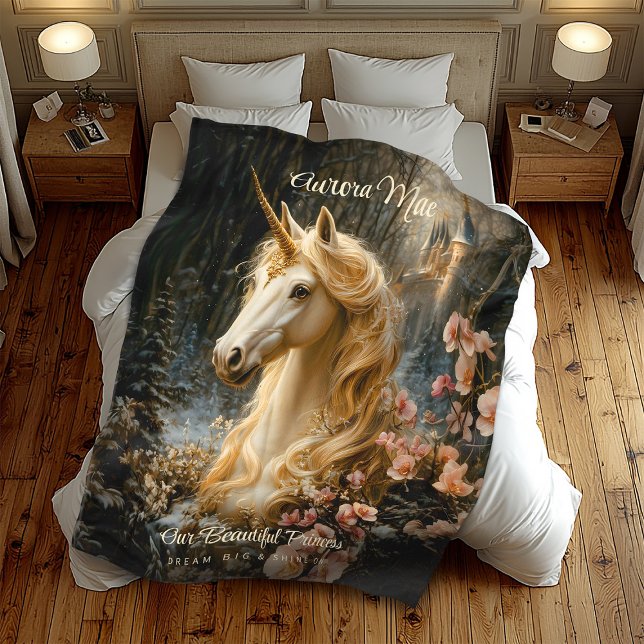 White Forest Unicorn Fantasy Castle Fairytale Fleece Blanket (Creator Uploaded)