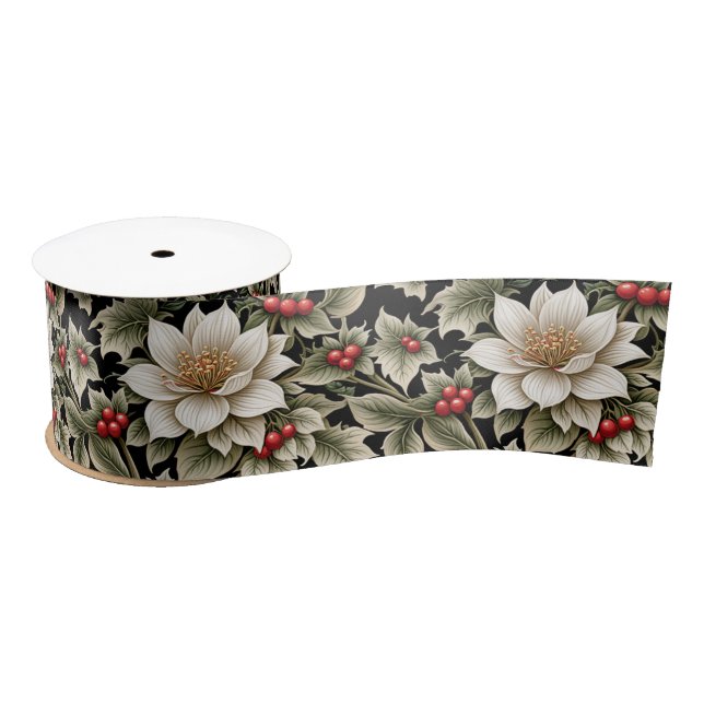 White Fowers with Holly & Red Berries Satin Ribbon (Spool)
