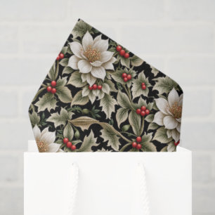 White Fowers with Holly & Red Berries Tissue Paper