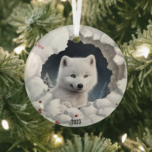 White Fox Christmas Glass Tree Decoration