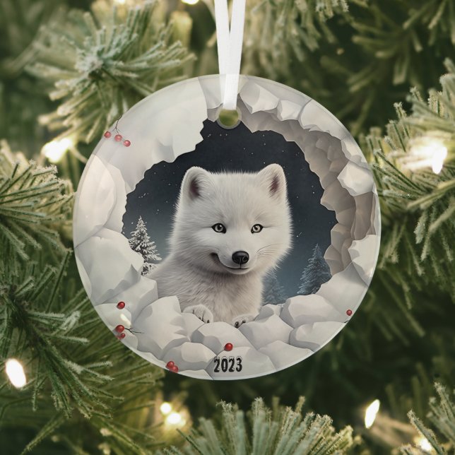 White Fox Christmas Glass Tree Decoration (Insitu)
