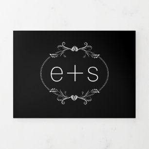 White frame and initials monogram black wedding Tri-Fold invitation
