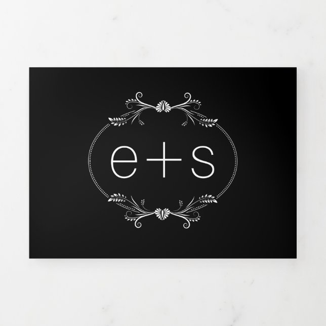 White frame and initials monogram black wedding Tri-Fold invitation (Cover)
