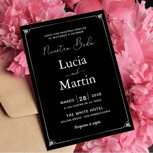 White Frame Black Spanish Nuestra Boda Invitation (Creator Uploaded)