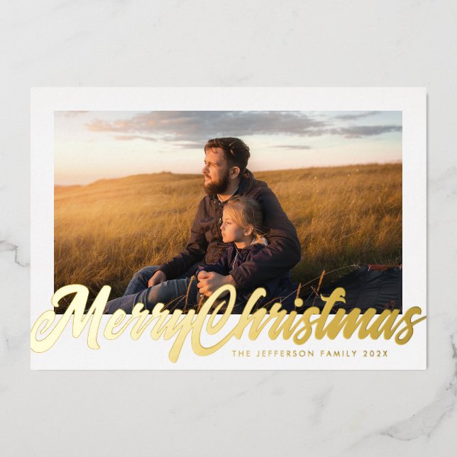 White Frame & Gold Merry Christmas Photo Foil Holiday Card (Front)