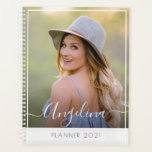 white frame photo yearly planner<br><div class="desc">A lovely custom design with white script text and a lovely personal image. You can edit the image,  colours and text on this planner book.</div>
