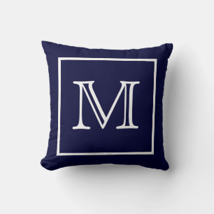White Framed Blue Monogram American MoJo Pillow