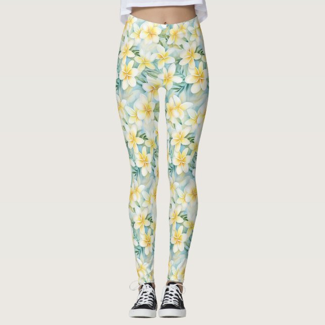 White Frangipani Flower All-Over-Print Leggings (Front)