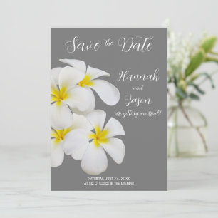 White Frangipani Flowers, Medium Grey, Save Date Invitation