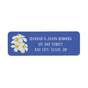 White Frangipani Flowers, on Blue, Floral Wedding Return Address Label