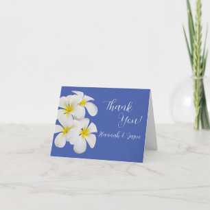 White Frangipani Flowers, on Blue, Floral Wedding Thank You Card