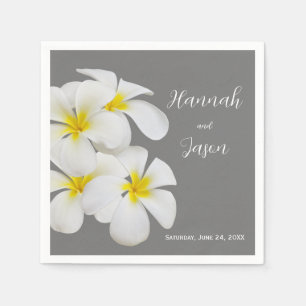 White Frangipani Flowers, on Medium Grey, Wedding Napkin